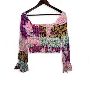 Boohoo Mix Floral Print Shirred Long Sleeve Crop Top